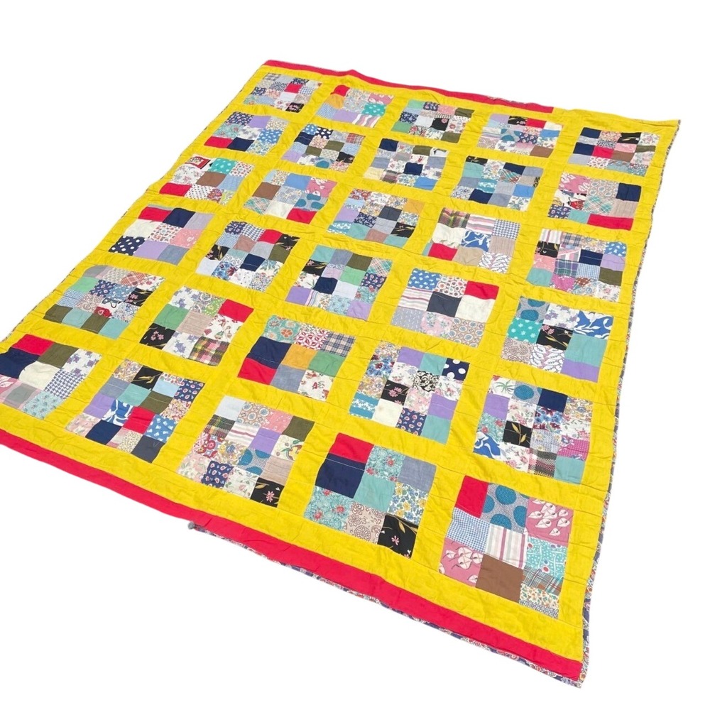 Vintage Handmade Patchwork Quilt Yellow Red Paisley Multi Color Boho Farmhouse